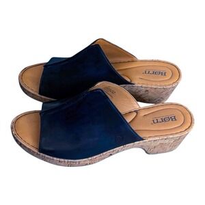 Born Navy Leather Asho 2"  Cork Wedge Walking Sandals Wonen's Size 11